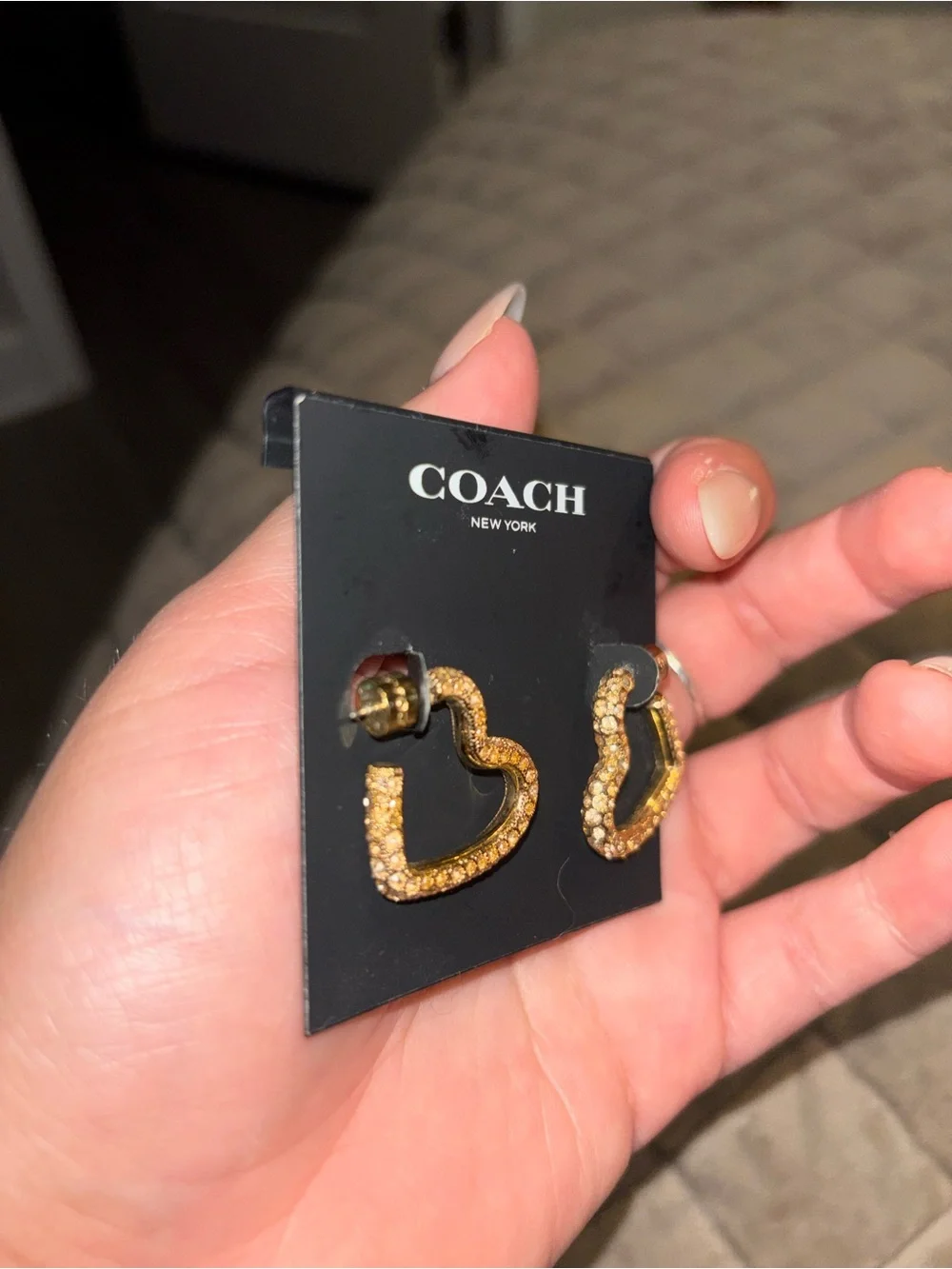 COACH Gold Crystal Heart Hoop Earrings